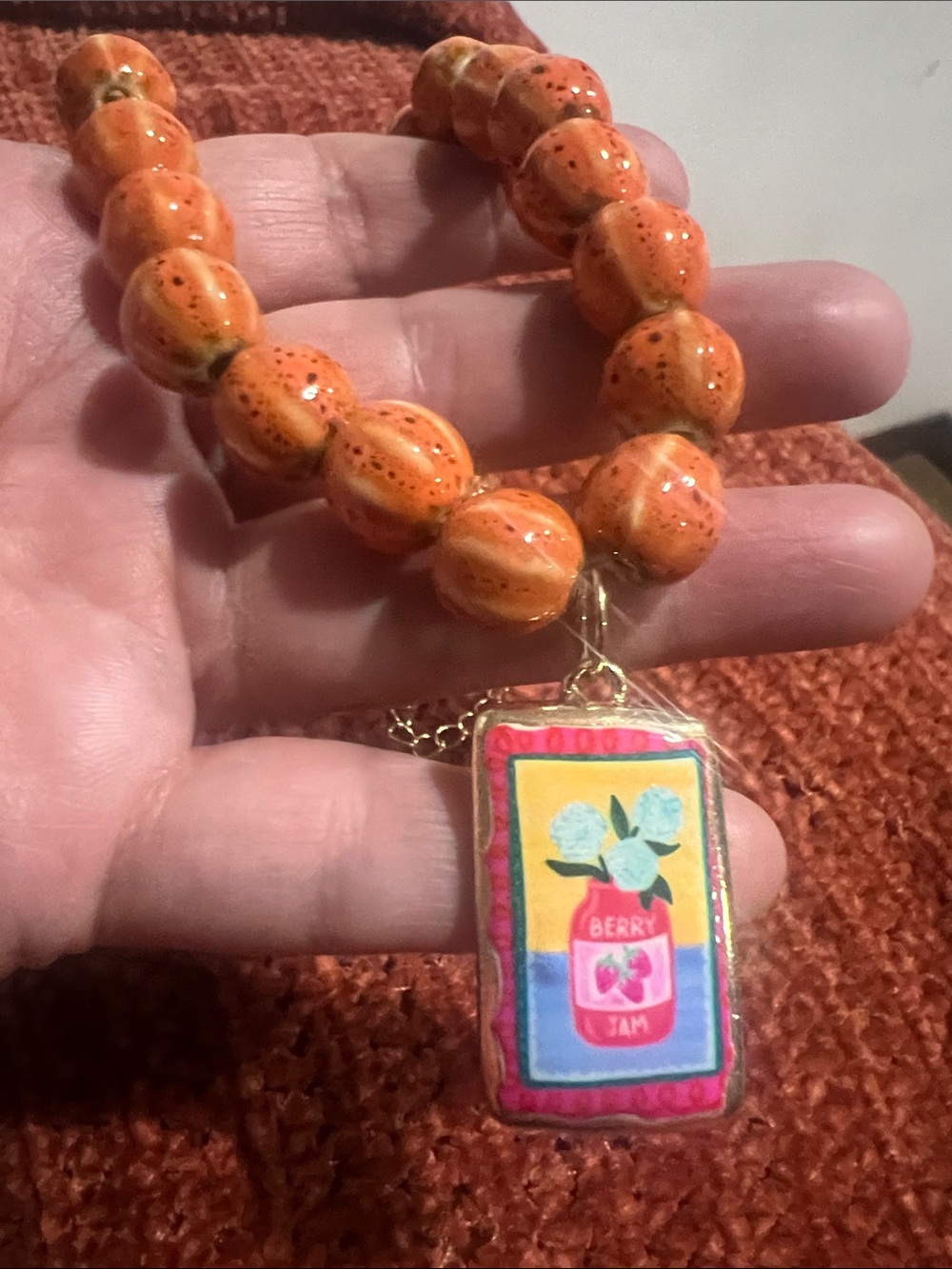Handmade Orange Beaded Necklace with Berry Jam Pendant